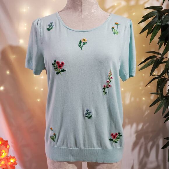 Talbots Embroidered Floral Cottage Short Sleeve Sweater Top Womens Size L Petite - Picture 1 of 10